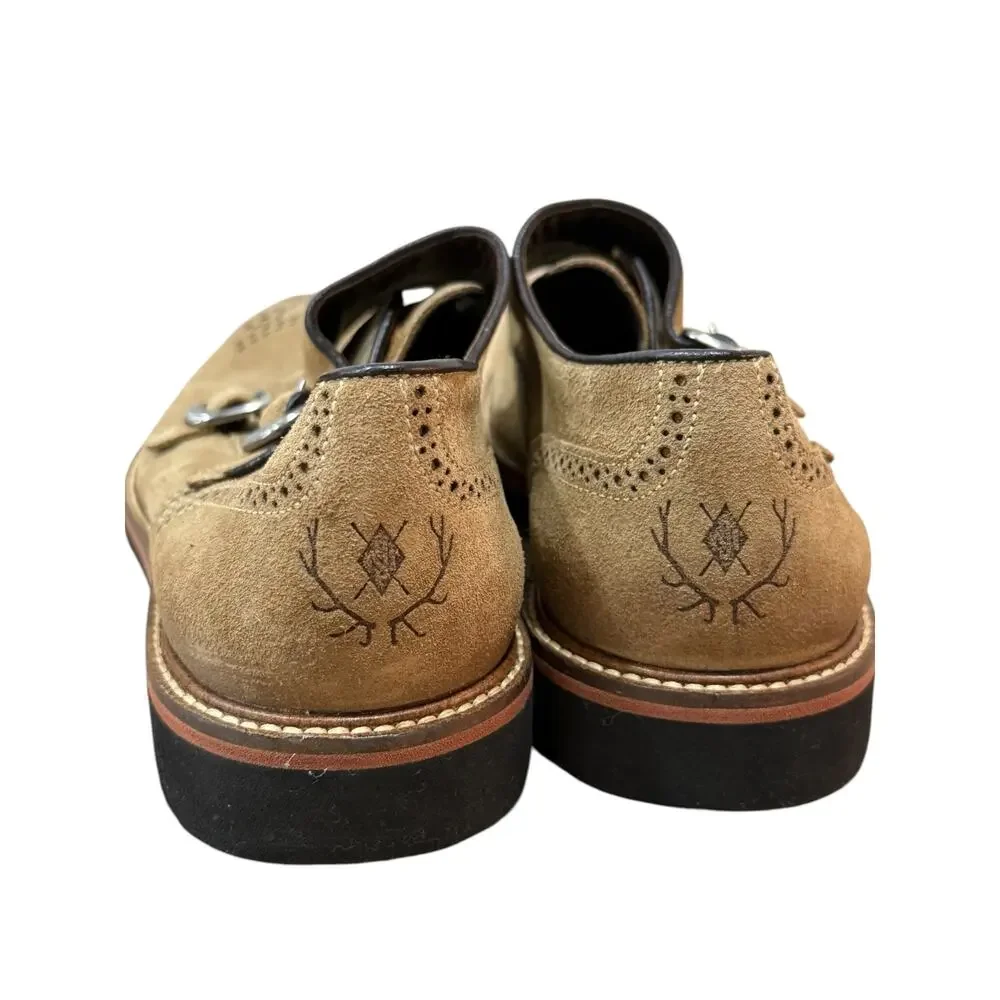 Martin Dingman Double Monk Strap Suede Shoes Mens 10 Tan Wingtip Vibram Lug Sole
